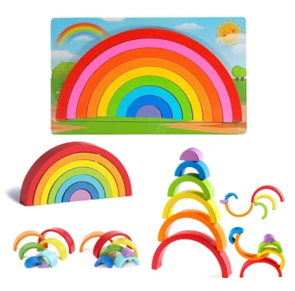 Colorful Rainbow Wooden Building Blocks – Educational Toy